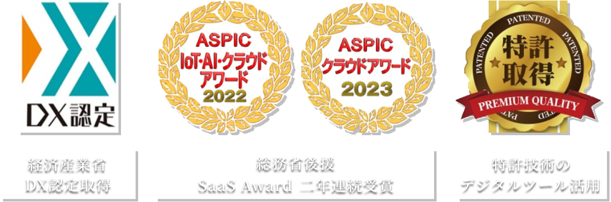 ・経済産業省DX認定取得・総務省後援SaaS Award二年連続受賞・特許技術のデジタルツール活用